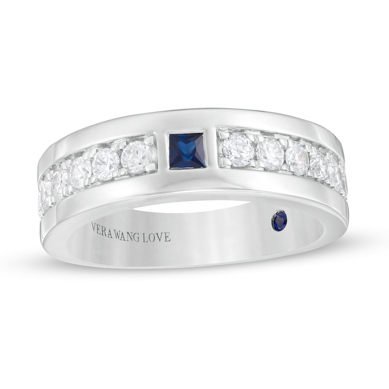 Vera Wang Love Collection Men's Square-Cut Blue Sapphire and 0.69 CT. T.W. Diamond Wedding Band in 14K White Gold