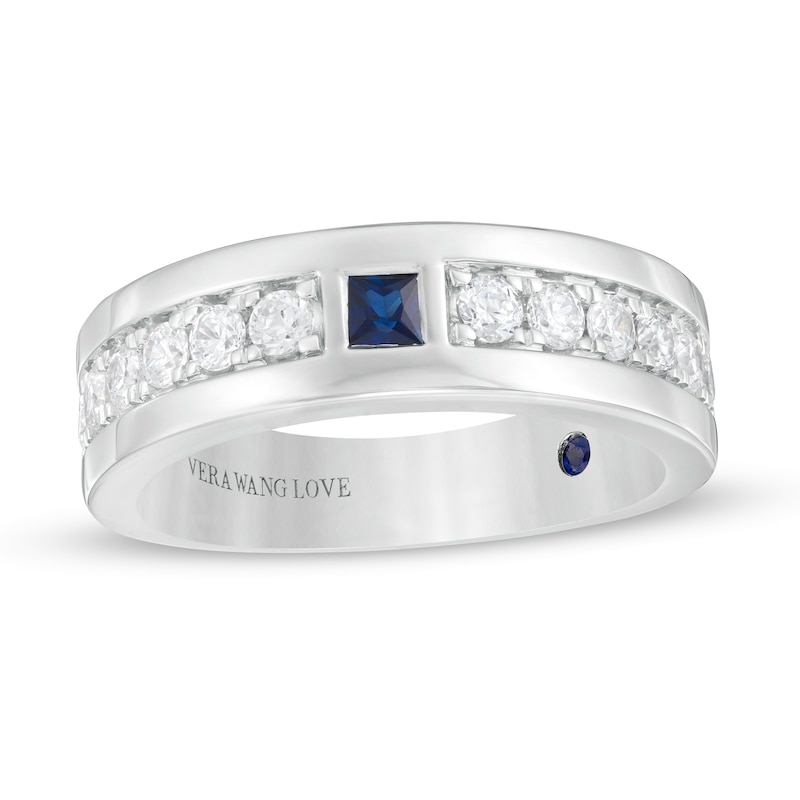 Main Image 1 of Vera Wang Love Collection Men's Square-Cut Blue Sapphire and 0.69 CT. T.W. Diamond Wedding Band in 14K White Gold