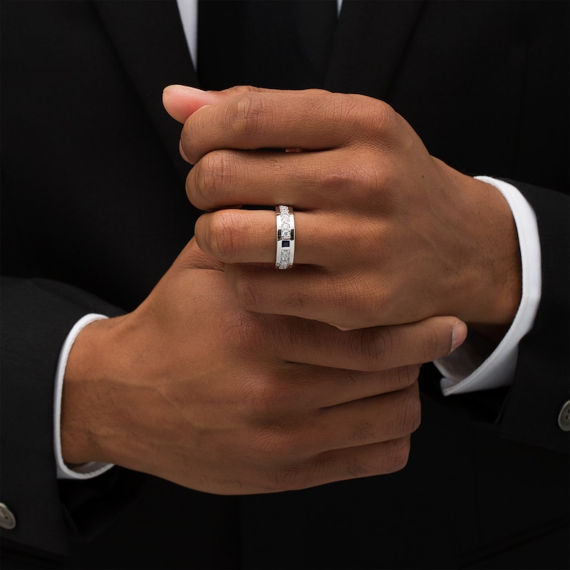 Main Image 2 of Vera Wang Love Collection Men's Square-Cut Blue Sapphire and 0.69 CT. T.W. Diamond Wedding Band in 14K White Gold