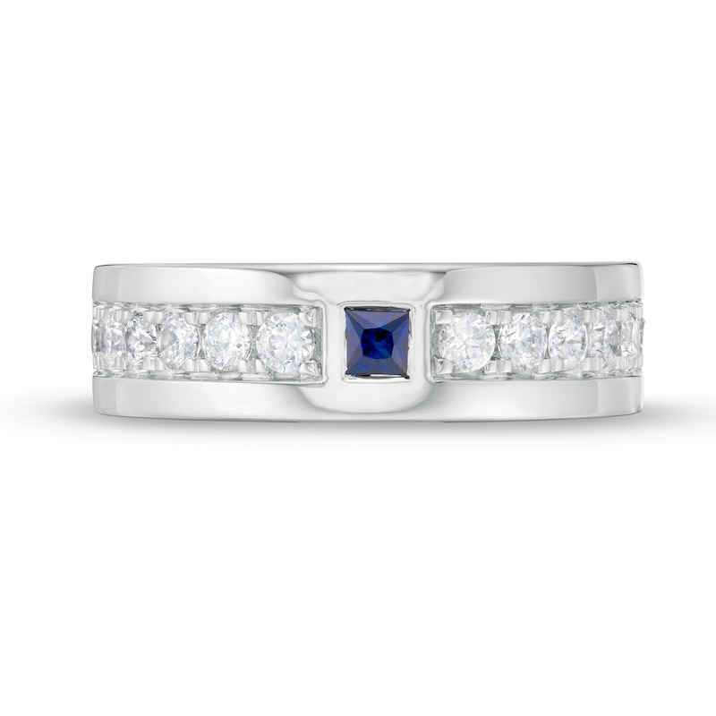 Main Image 4 of Vera Wang Love Collection Men's Square-Cut Blue Sapphire and 0.69 CT. T.W. Diamond Wedding Band in 14K White Gold