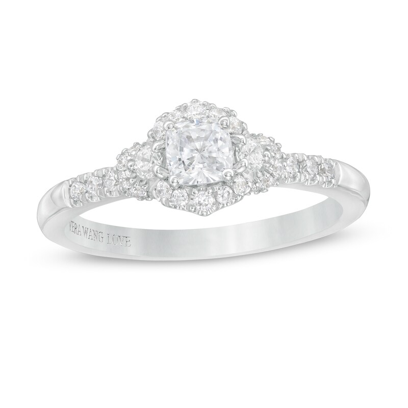 Main Image 1 of Vera Wang Love Collection 0.58 CT. T.W. Cushion-Cut Diamond Hexagonal Frame Engagement Ring in 14K White Gold