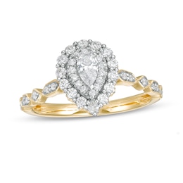 0.63 CT. T.W. Pear-Shaped Diamond Double Frame Geometric Shank Engagement Ring in 14K Two-Tone Gold