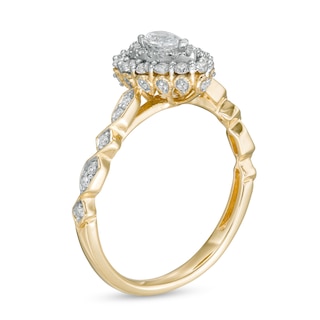 0.63 CT. T.W. Pear-Shaped Diamond Double Frame Geometric Shank Engagement Ring in 14K Two-Tone Gold