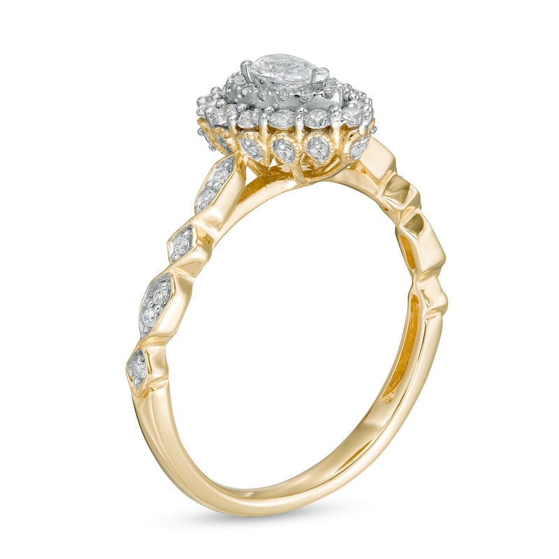Main Image 3 of 0.63 CT. T.W. Pear-Shaped Diamond Double Frame Geometric Shank Engagement Ring in 14K Two-Tone Gold