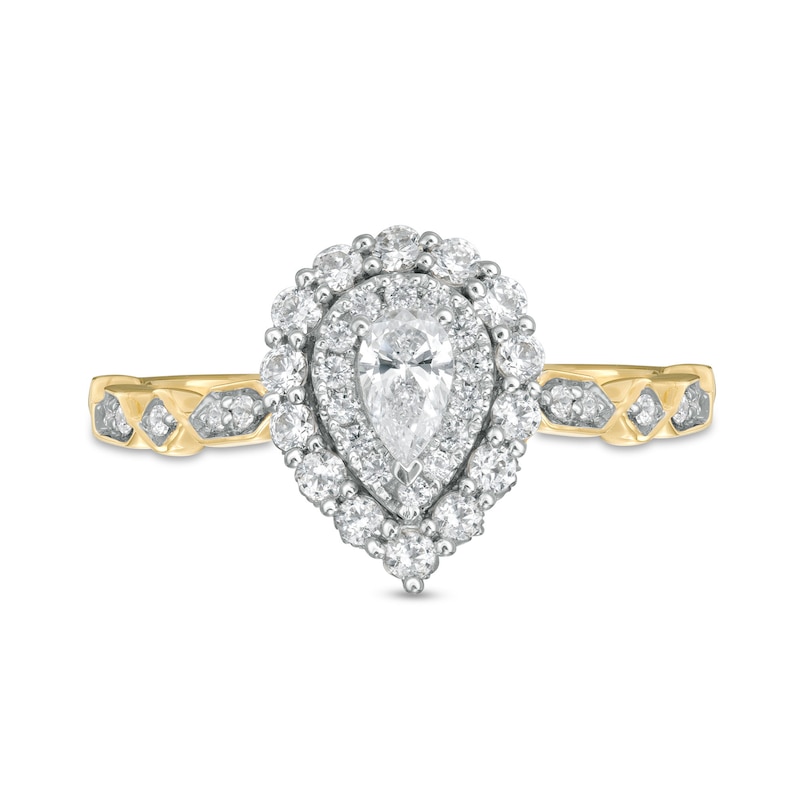 Main Image 4 of 0.63 CT. T.W. Pear-Shaped Diamond Double Frame Geometric Shank Engagement Ring in 14K Two-Tone Gold