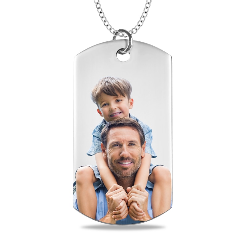 Men's Extra Large Engravable Photo Dog Tag Pendant in Sterling Silver (1 Image and 4 Lines)