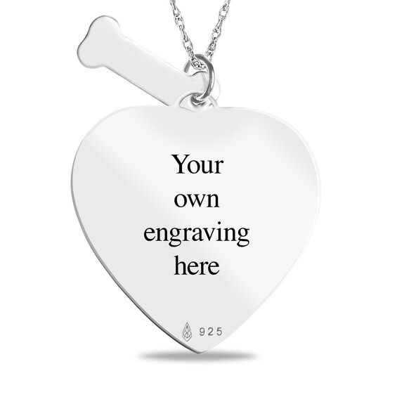 Engravable Photo Heart Dog Pendant with Name Bone Charm in Sterling Silver (1 Image, 1 Name and 4 Lines)