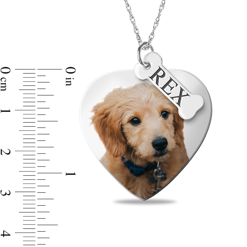 Engravable Photo Heart Dog Pendant with Name Bone Charm in Sterling Silver (1 Image, 1 Name and 4 Lines)
