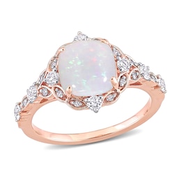 8.0mm Cushion-Shaped Opal, White Sapphire and 0.064 CT. T.W. Diamond Ornate Frame Vintage-Style Ring in 10K Rose Gold