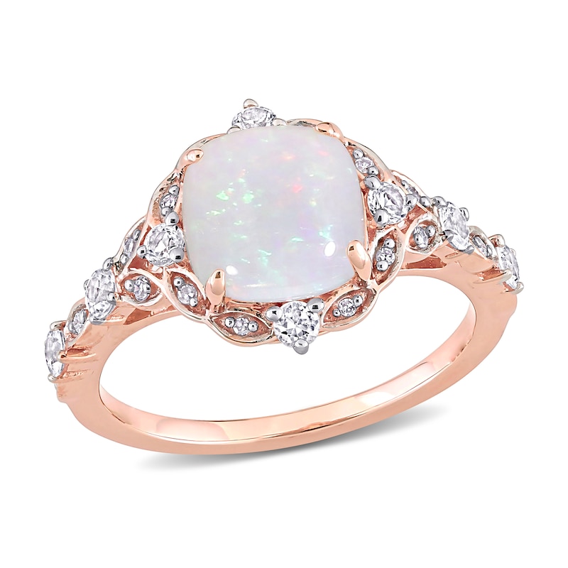 Main Image 1 of 8.0mm Cushion-Shaped Opal, White Sapphire and 0.064 CT. T.W. Diamond Ornate Frame Vintage-Style Ring in 10K Rose Gold
