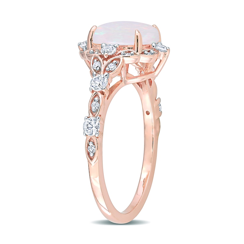 Main Image 3 of 8.0mm Cushion-Shaped Opal, White Sapphire and 0.064 CT. T.W. Diamond Ornate Frame Vintage-Style Ring in 10K Rose Gold