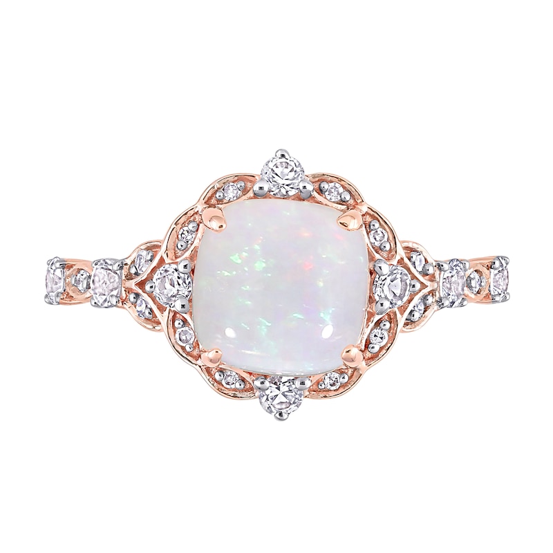 Main Image 4 of 8.0mm Cushion-Shaped Opal, White Sapphire and 0.064 CT. T.W. Diamond Ornate Frame Vintage-Style Ring in 10K Rose Gold