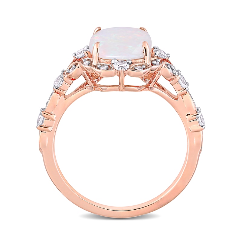 Main Image 5 of 8.0mm Cushion-Shaped Opal, White Sapphire and 0.064 CT. T.W. Diamond Ornate Frame Vintage-Style Ring in 10K Rose Gold