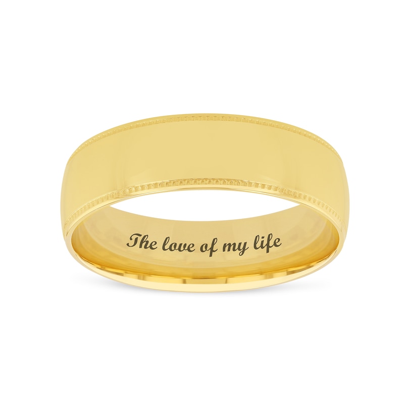 Men's 6.0mm Engravable Comfort-Fit Coin-Textured Edge Wedding Band in 14K White or Yellow Gold (1 Line)|Peoples Jewellers