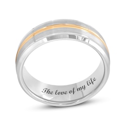 Men's 8.0mm Satin Inlay Groove Bevelled Edge Comfort-Fit Wedding Band in Tantalum and Yellow IP (1 Line)