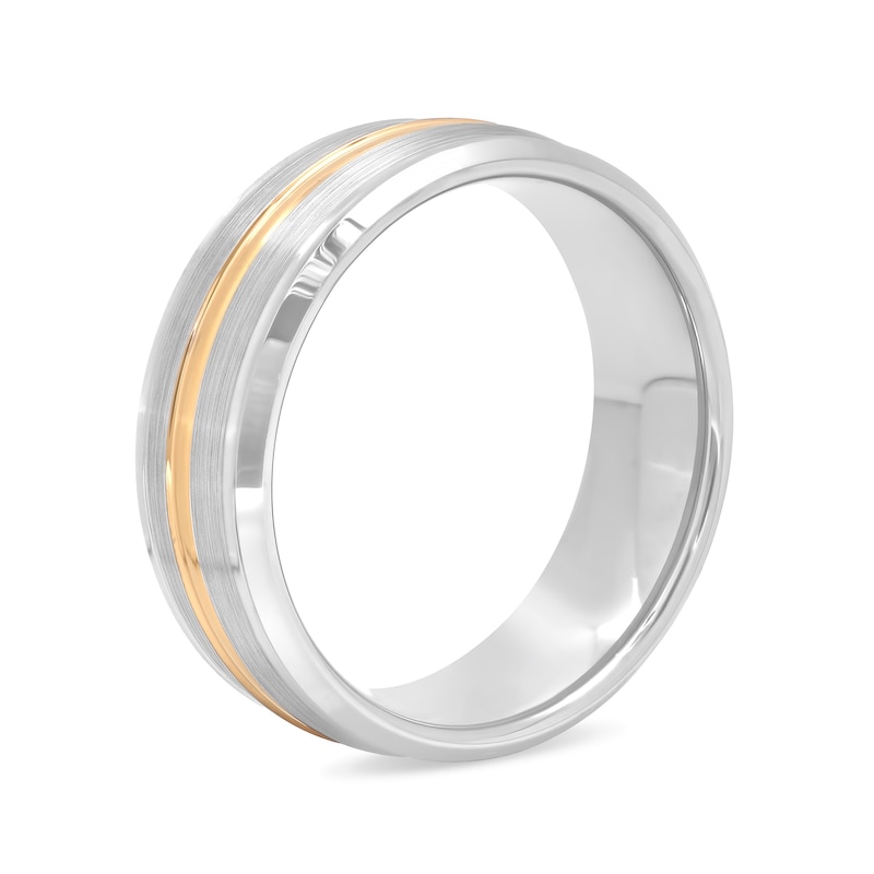 Main Image 3 of Men's 8.0mm Satin Inlay Groove Bevelled Edge Comfort-Fit Wedding Band in Tantalum and Yellow IP (1 Line)