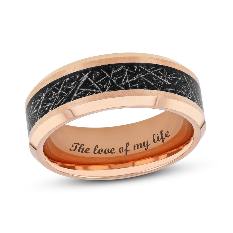 Men's 8.0mm Bevelled Edge Wedding Band in Tantalum with Rose IP and Textured Black Carbon Fibre Inlay (1 Line)