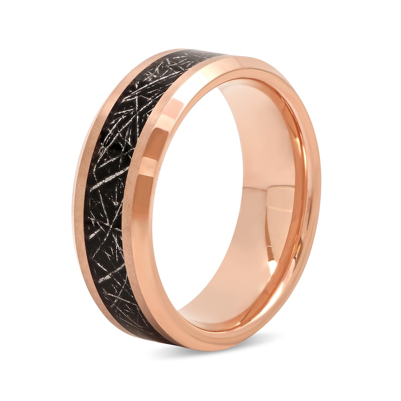 Men's 8.0mm Bevelled Edge Wedding Band in Tantalum with Rose IP and Textured Black Carbon Fibre Inlay (1 Line)