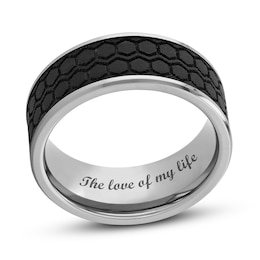 Men's 9.0mm Brushed Hexagonal Tire Tread Bevelled Edge Comfort-Fit Wedding Band in Tungsten and Carbon Fibre (1 Line)