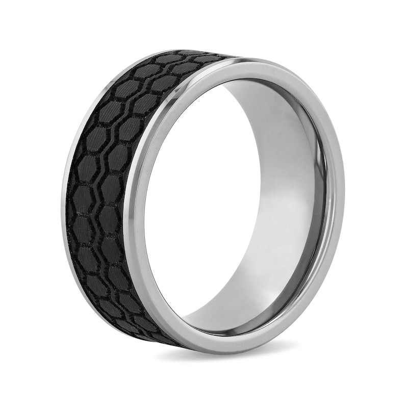 Men's 9.0mm Brushed Hexagonal Tire Tread Bevelled Edge Comfort-Fit Wedding Band in Tungsten and Carbon Fibre (1 Line)