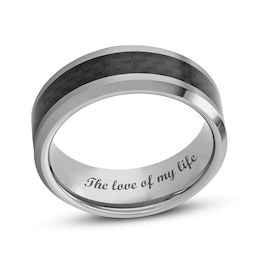 Men's 8.0mm Engravable Bevelled Edge Comfort-Fit Wedding Band in Tungsten with Carbon Fibre Inlay (1 Line)