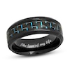 Thumbnail Image 0 of Men's 8.0mm Bevelled Edge Wedding Band in Stainless Steel with Black and Blue IP and Woven Carbon Fibre Inlay (1 Line)