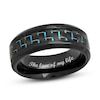 Thumbnail Image 1 of Men's 8.0mm Bevelled Edge Wedding Band in Stainless Steel with Black and Blue IP and Woven Carbon Fibre Inlay (1 Line)