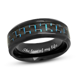 Men's 8.0mm Bevelled Edge Wedding Band in Stainless Steel with Black and Blue IP and Woven Carbon Fibre Inlay (1 Line)