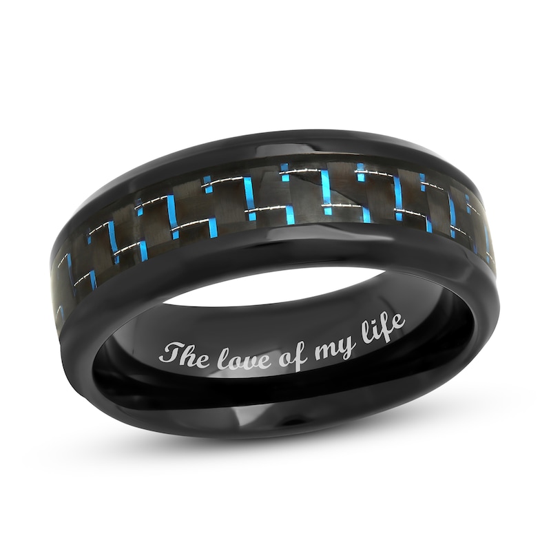 Men's 8.0mm Bevelled Edge Wedding Band in Stainless Steel with Black and Blue IP and Woven Carbon Fibre Inlay (1 Line)