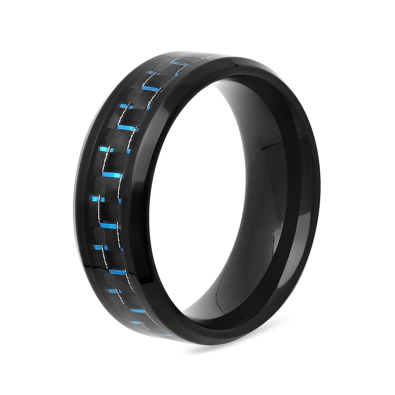 Main Image 3 of Men's 8.0mm Bevelled Edge Wedding Band in Stainless Steel with Black and Blue IP and Woven Carbon Fibre Inlay (1 Line)