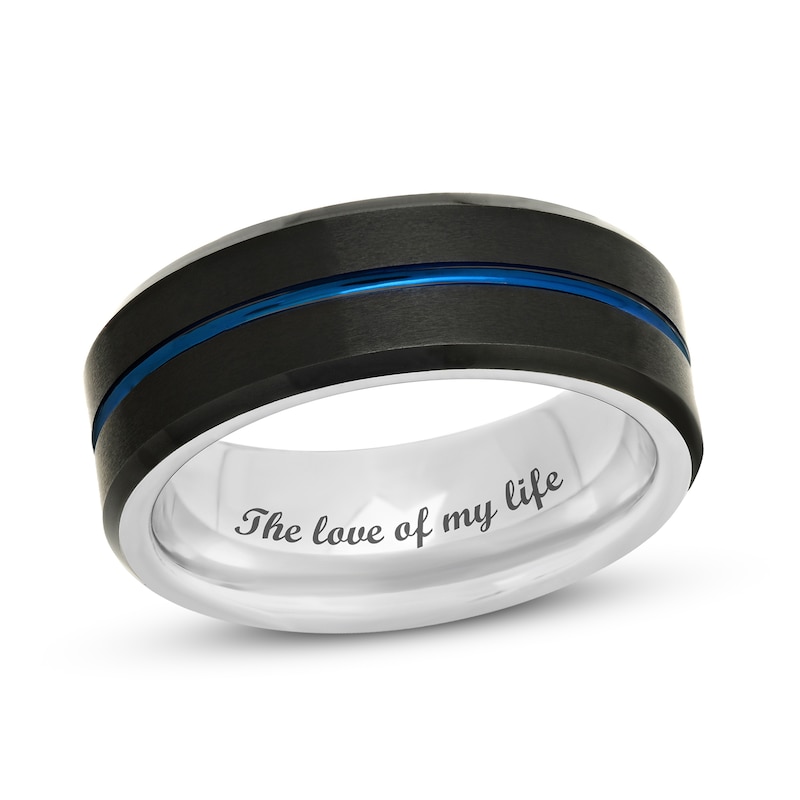 Men's 8.0mm Satin Groove Bevelled Edge Comfort-Fit Wedding Band in Stainless Steel with Black and Blue IP (1 Line)