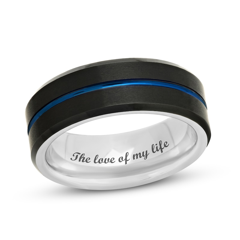 Main Image 1 of Men's 8.0mm Satin Groove Bevelled Edge Comfort-Fit Wedding Band in Stainless Steel with Black and Blue IP (1 Line)