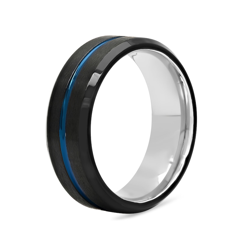 Men's 8.0mm Satin Groove Bevelled Edge Comfort-Fit Wedding Band in Stainless Steel with Black and Blue IP (1 Line)