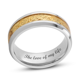 Men's 8.0mm Engravable Filigree Bevelled Edge Comfort-Fit Wedding Band in Stainless Steel and Yellow IP (1 Line)