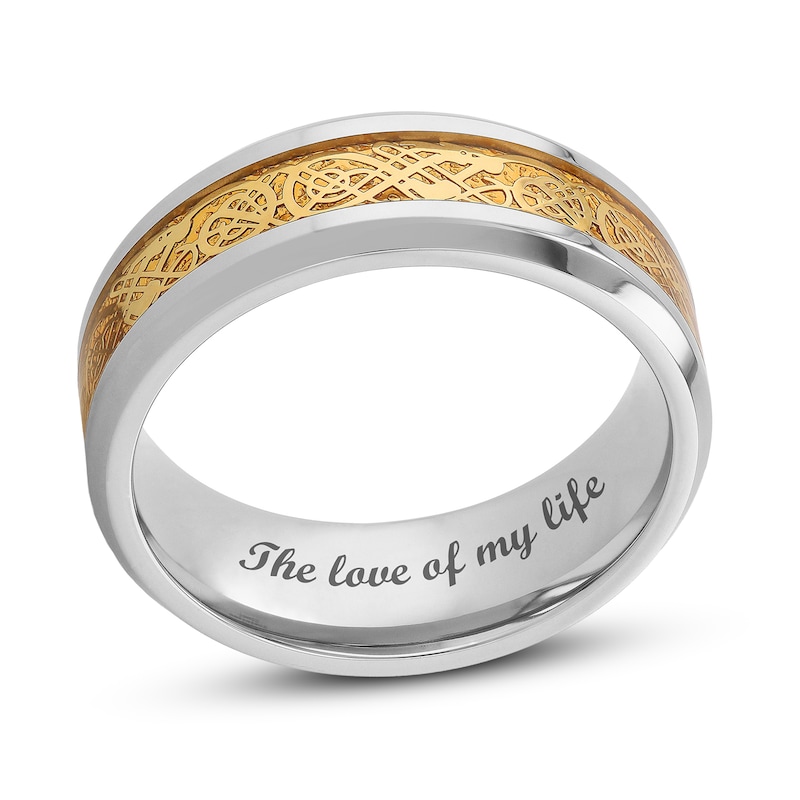 Main Image 1 of Men's 8.0mm Engravable Filigree Bevelled Edge Comfort-Fit Wedding Band in Stainless Steel and Yellow IP (1 Line)