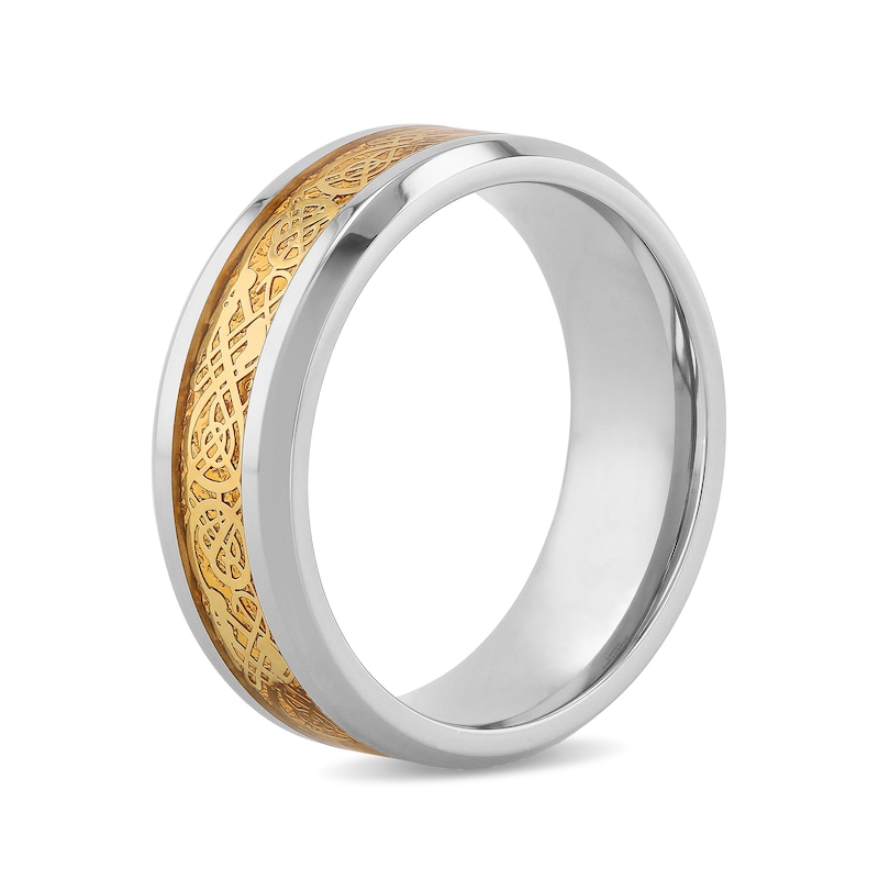 Main Image 3 of Men's 8.0mm Engravable Filigree Bevelled Edge Comfort-Fit Wedding Band in Stainless Steel and Yellow IP (1 Line)
