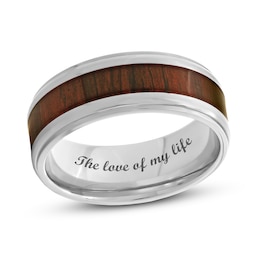 Men's 8.0mm Stepped Edge Comfort-Fit Wedding Band in Stainless Steel with Brown Wood Grain Carbon Fibre Inlay (1 Line)