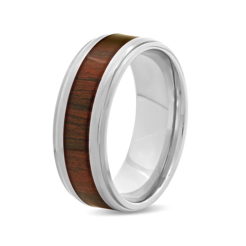 Men's 8.0mm Stepped Edge Comfort-Fit Wedding Band in Stainless Steel with Brown Wood Grain Carbon Fibre Inlay (1 Line)