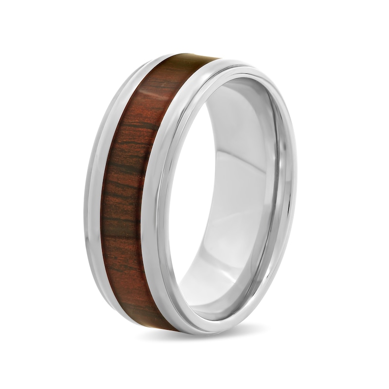 Main Image 3 of Men's 8.0mm Stepped Edge Comfort-Fit Wedding Band in Stainless Steel with Brown Wood Grain Carbon Fibre Inlay (1 Line)