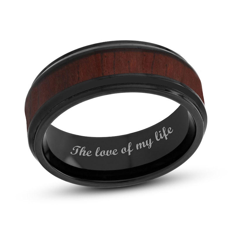 Main Image 1 of Men's 8.0mm Comfort-Fit Wedding Band in Stainless Steel with Black IP and Brown Wood Grain Carbon Fibre Inlay (1 Line)