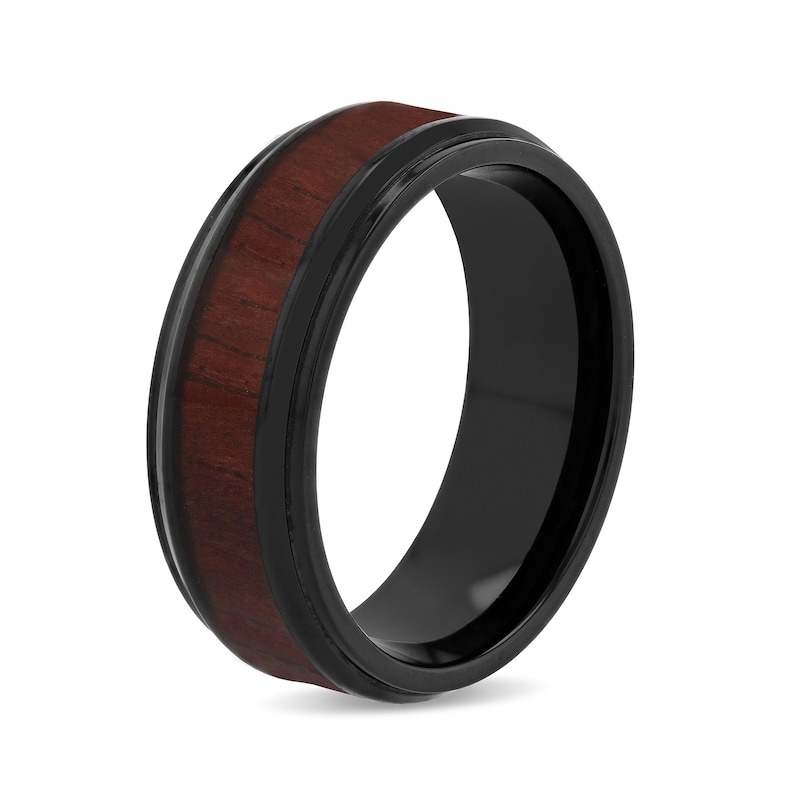 Men's 8.0mm Comfort-Fit Wedding Band in Stainless Steel with Black IP and Brown Wood Grain Carbon Fibre Inlay (1 Line)