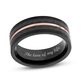 Men's 8.0mm Groove Comfort-Fit Wedding Band in Stainless Steel with Black and Rose IP and Carbon Fibre Inlay (1 Line)