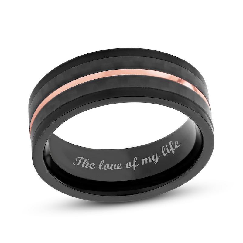 Men's 8.0mm Groove Comfort-Fit Wedding Band in Stainless Steel with Black and Rose IP and Carbon Fibre Inlay (1 Line)|Peoples Jewellers