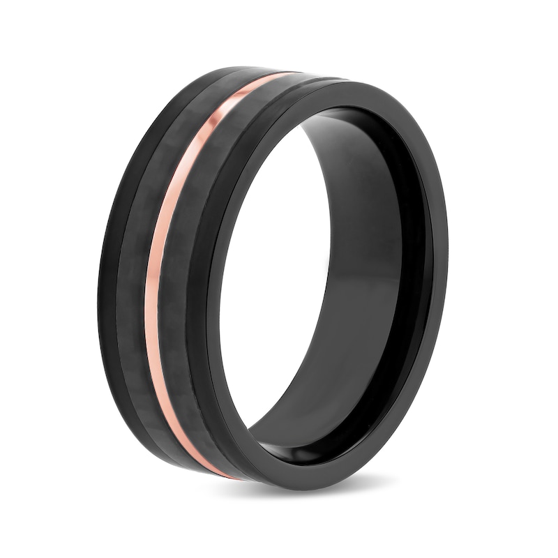 Main Image 3 of Men's 8.0mm Groove Comfort-Fit Wedding Band in Stainless Steel with Black and Rose IP and Carbon Fibre Inlay (1 Line)