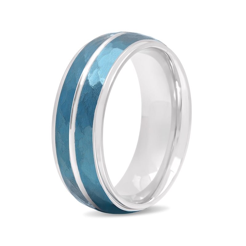 Men's 8.0mm Hammered Groove Stepped Edge Comfort-Fit Wedding Band in Stainless Steel and Blue IP (1 Line)