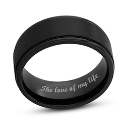 Men's 9.0mm Engravable Satin Stepped Edge Comfort-Fit Wedding Band in Titanium with Black IP (1 Line)