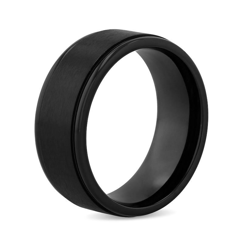 Main Image 3 of Men's 9.0mm Engravable Satin Stepped Edge Comfort-Fit Wedding Band in Titanium with Black IP (1 Line)