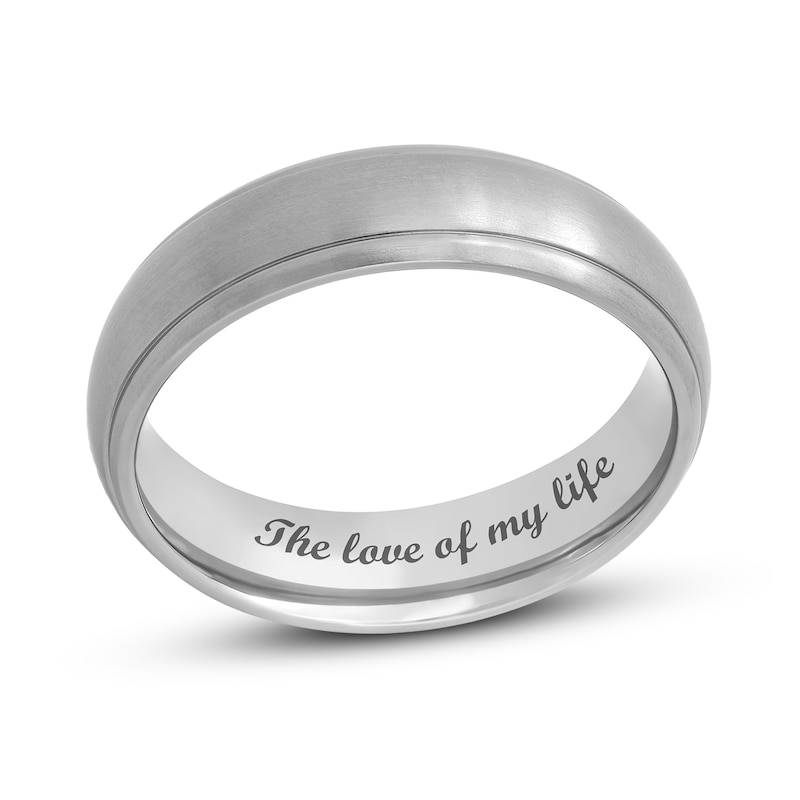 Main Image 1 of Men's 6.0mm Engravable Satin Low Dome Stepped Edge Comfort-Fit Wedding Band in Titanium (1 Line)