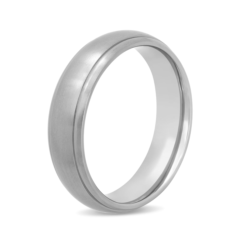 Main Image 3 of Men's 6.0mm Engravable Satin Low Dome Stepped Edge Comfort-Fit Wedding Band in Titanium (1 Line)