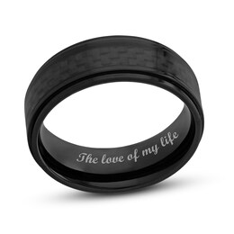 Men's 8.0mm Engravable Stepped Edge Comfort-Fit Wedding Band in Titanium with Black IP and Carbon Fibre Inlay (1 Line)